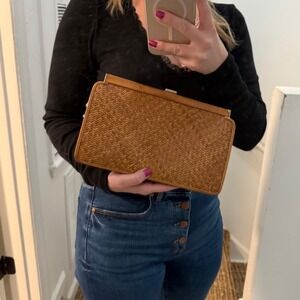 RARE Vintage large Pantera natural woven rattan clutch bag crossbody purse brown
